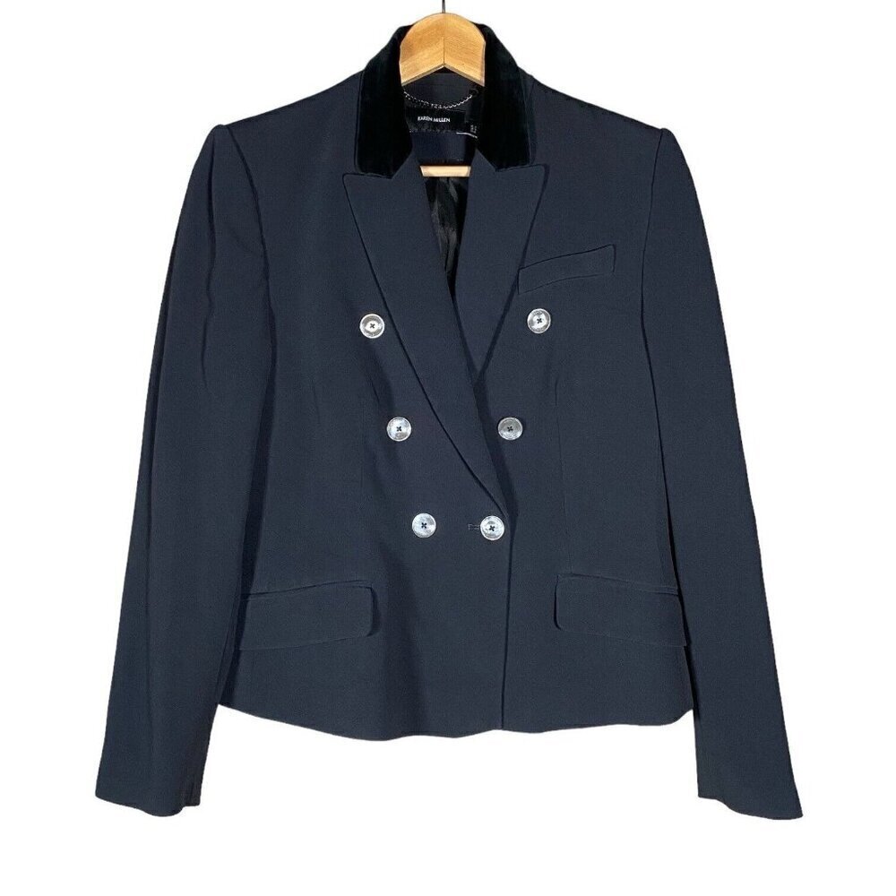 Karen Millen Double Breasted Blazer Women 10 Black Tailored Velvet Collar Jacket